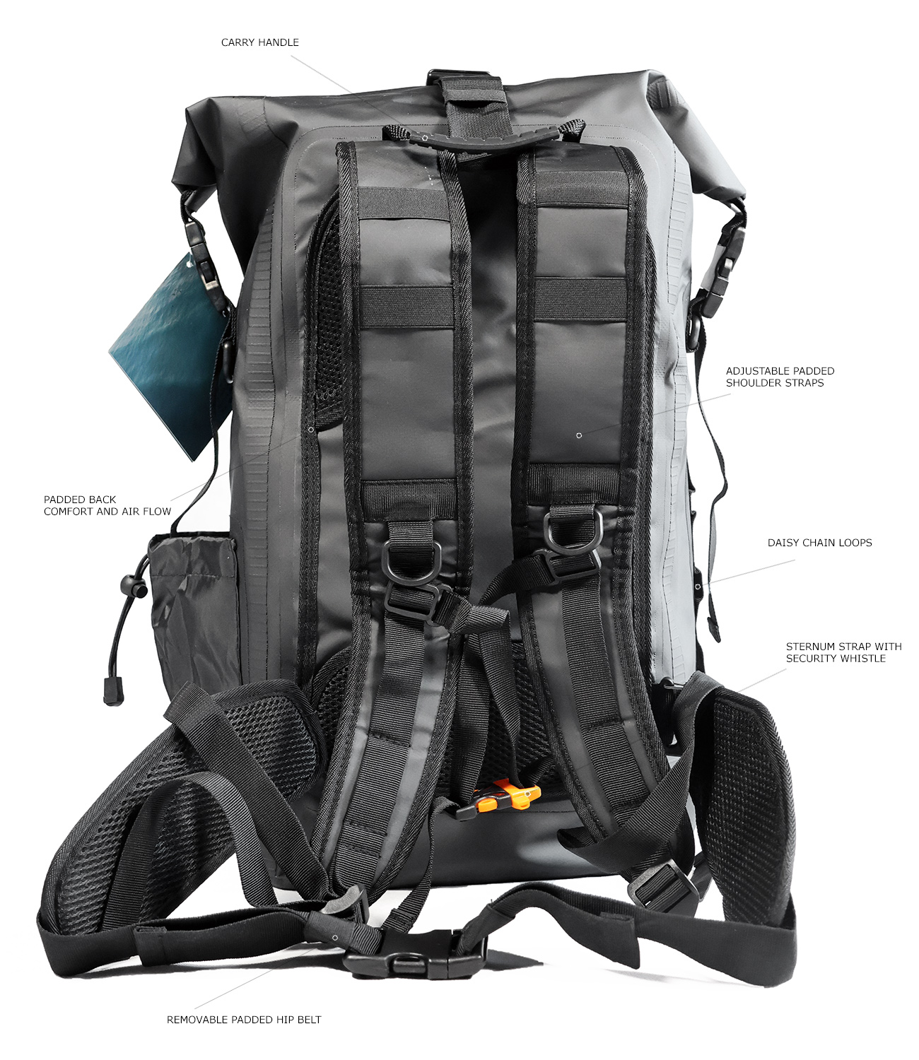 DryTide 30L waterproof backpack feature list back