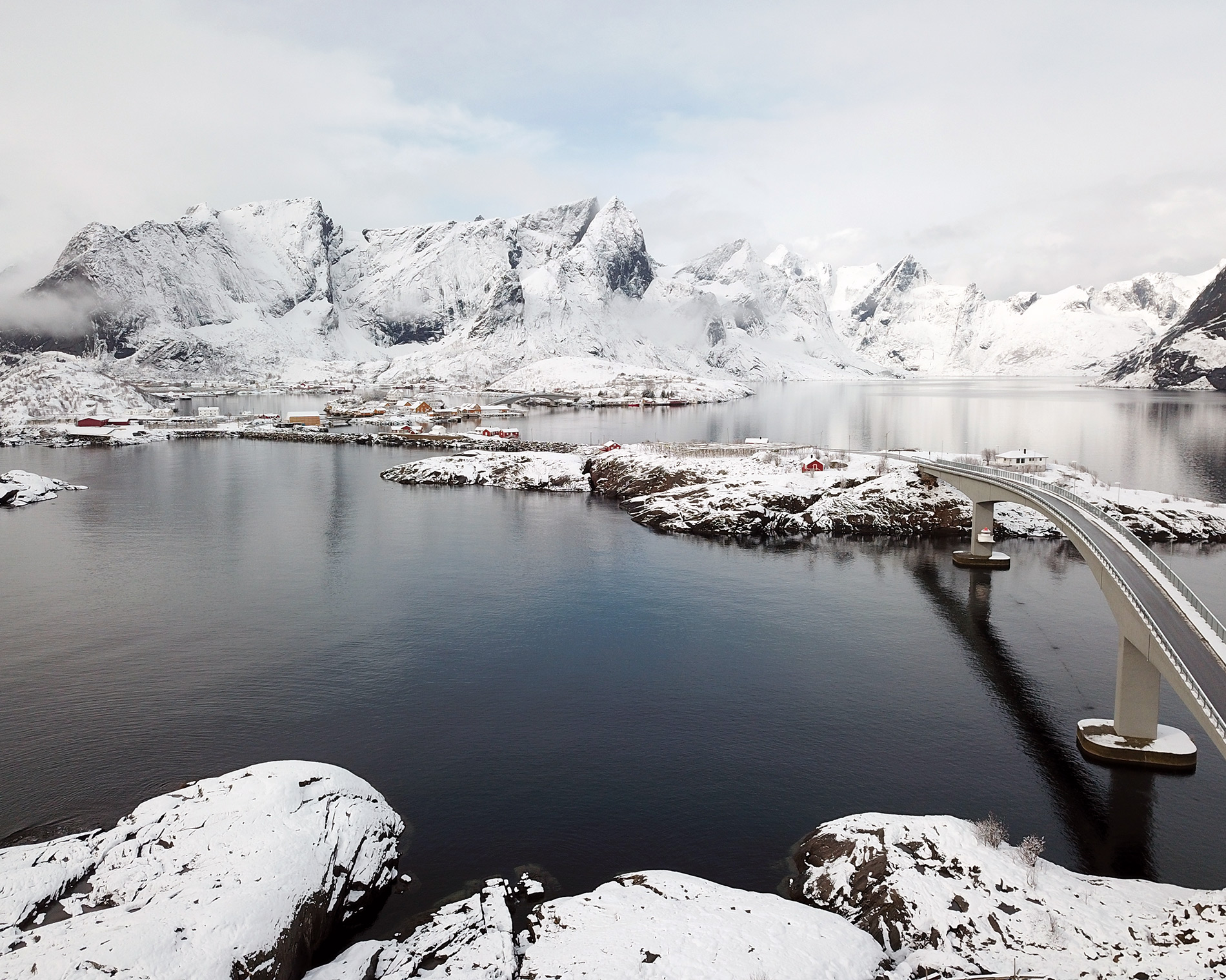 air view Lofoten bridges and Hamnoy