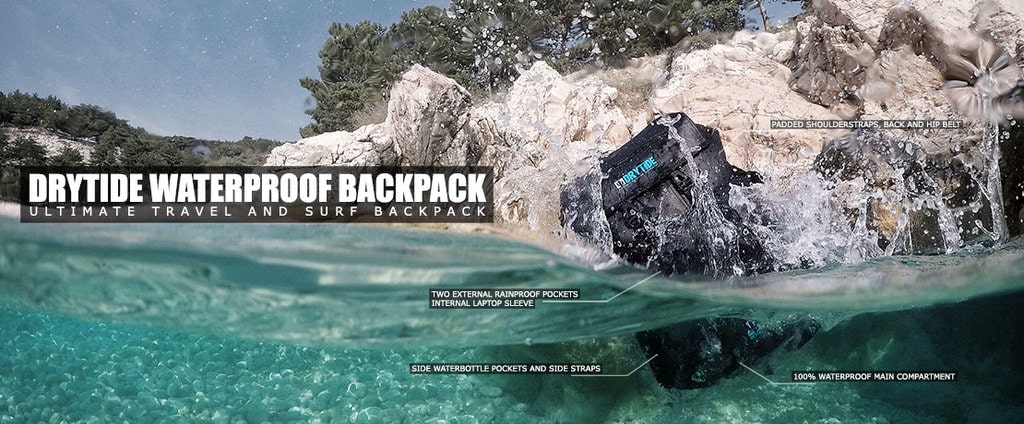 falling backpack banner ad with features