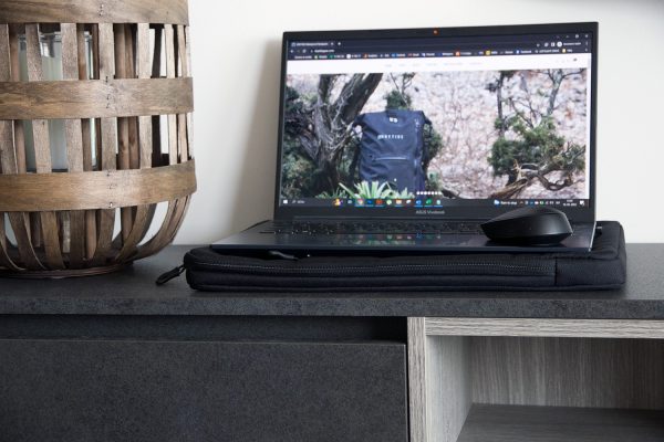 Laptop with laptop sleeve on living room shelf