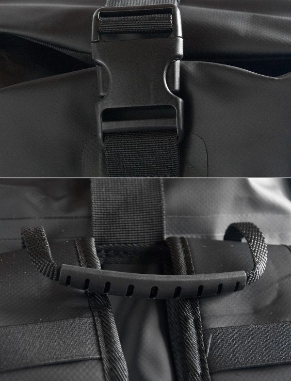 Top strap closing buckle and backpack carrying handle.